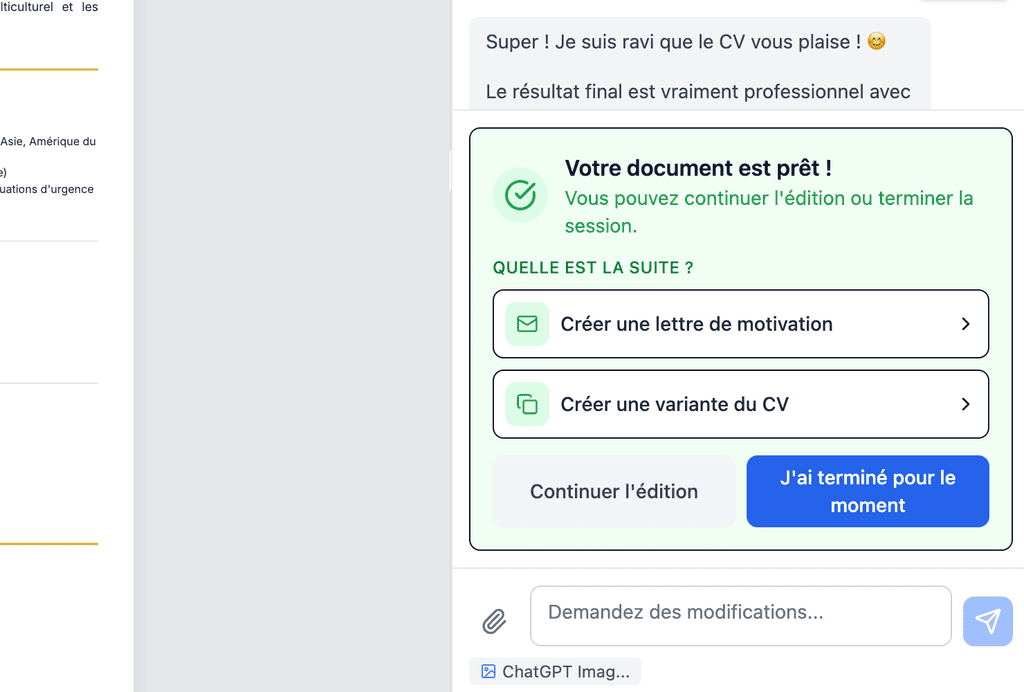 Button to create a cover letter from an existing resume