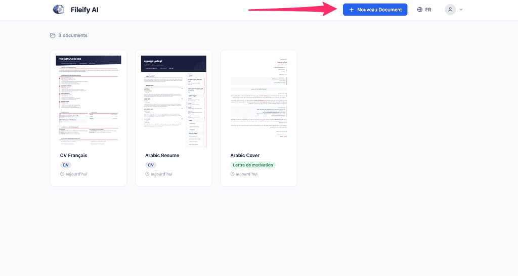 New document creation button on the Fileify dashboard