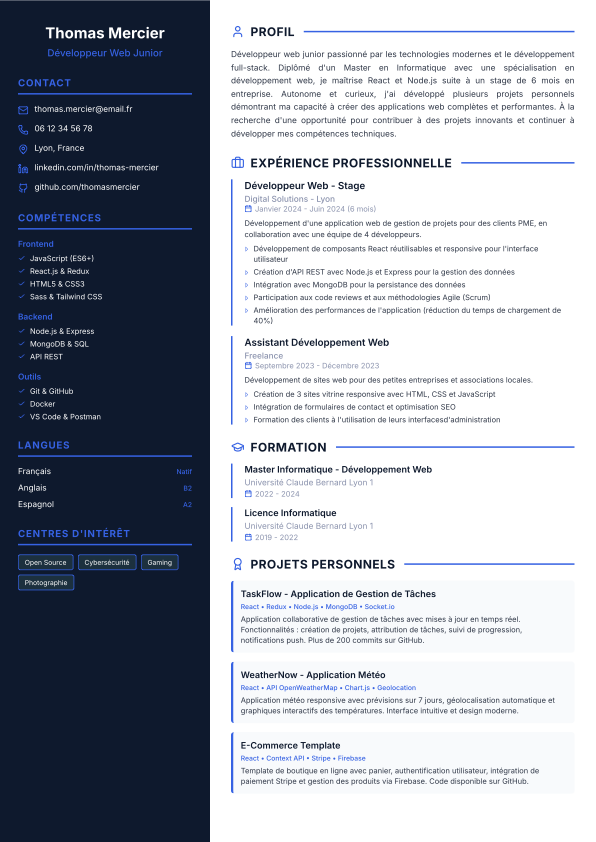 Exemple de CV pour développeur web junior