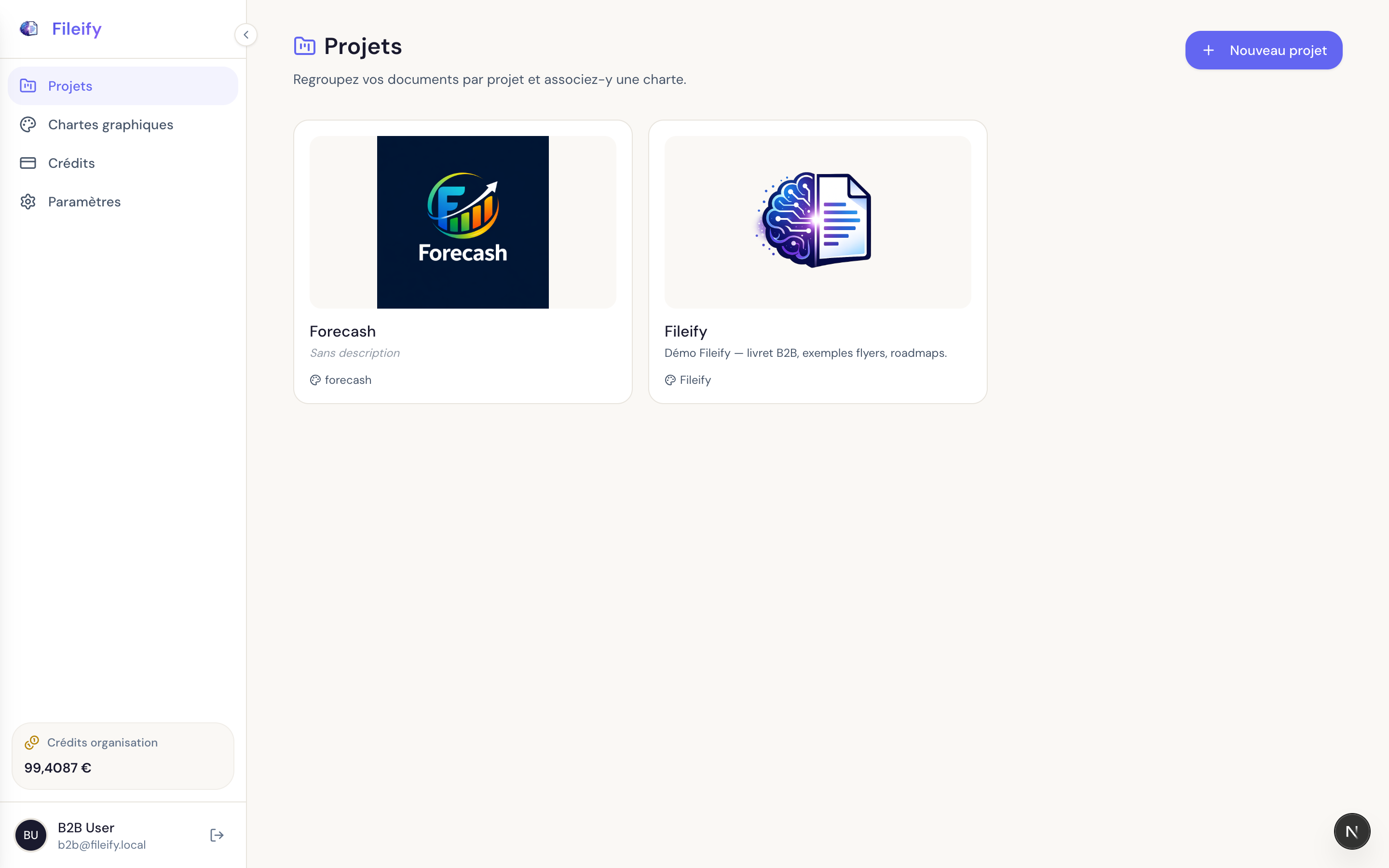 Page Projets avec trois projets : Fileify, random et test, et le compteur de crédits organisation visible en bas de la sidebar