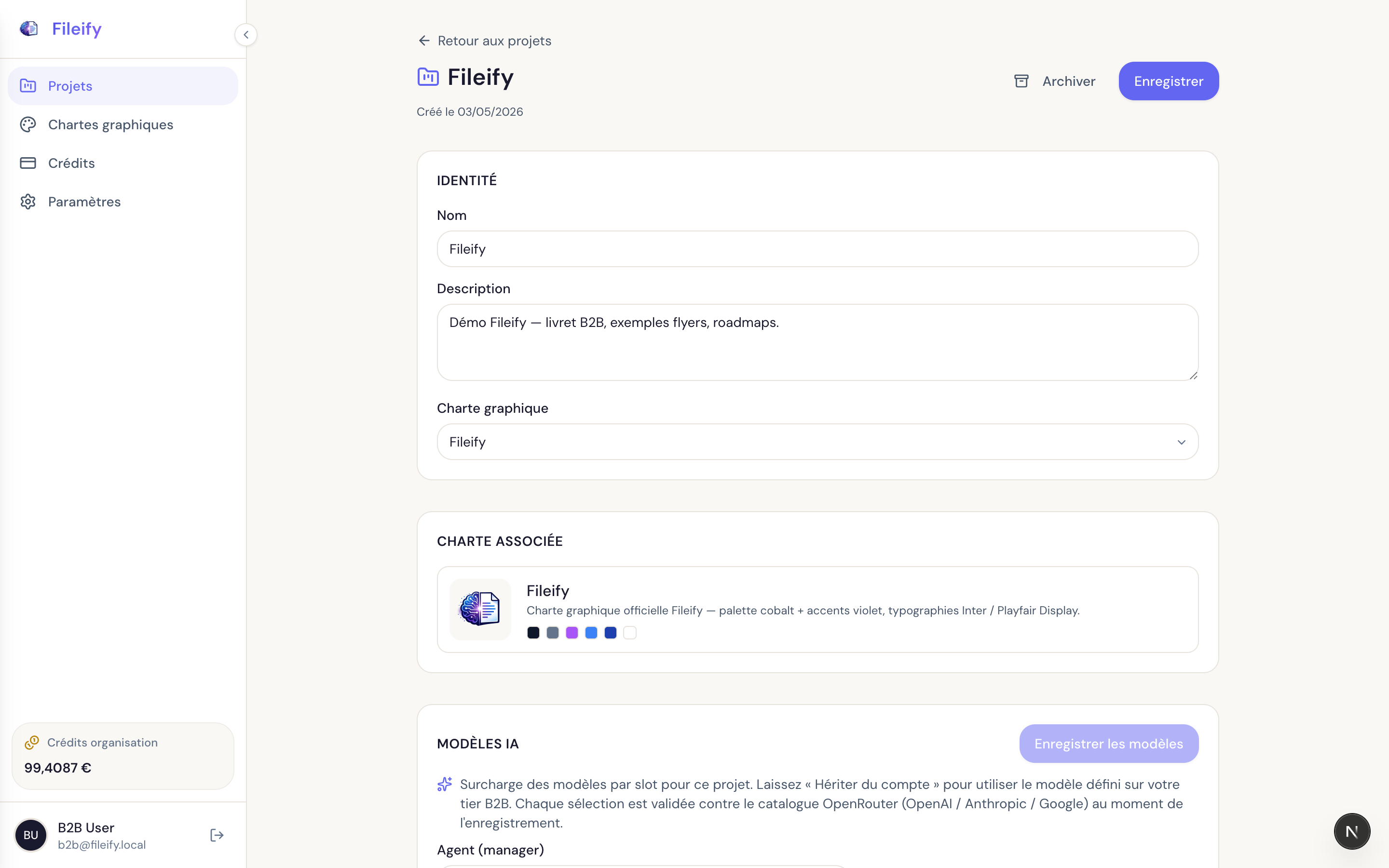 Fiche du projet Fileify avec ses trois sections : Identité, Charte associée et début de Modèles IA