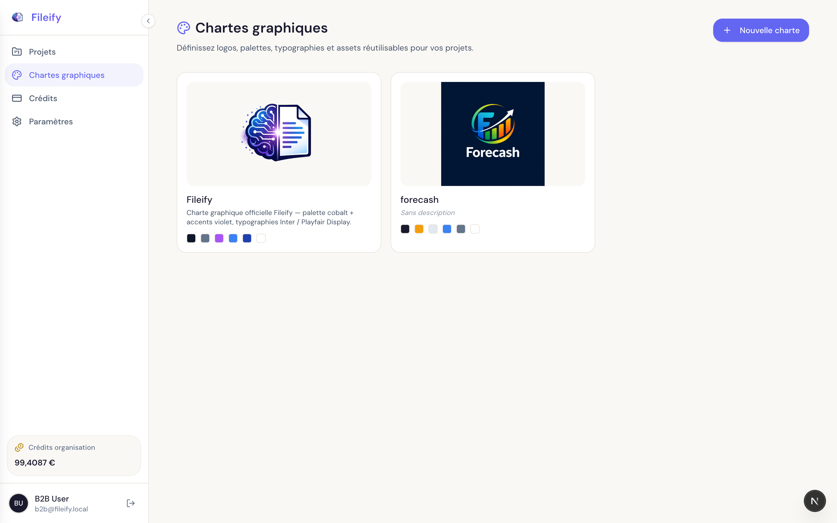 Liste des chartes graphiques avec deux entrées : Fileify et forecash, leurs palettes et logos visibles sur les vignettes