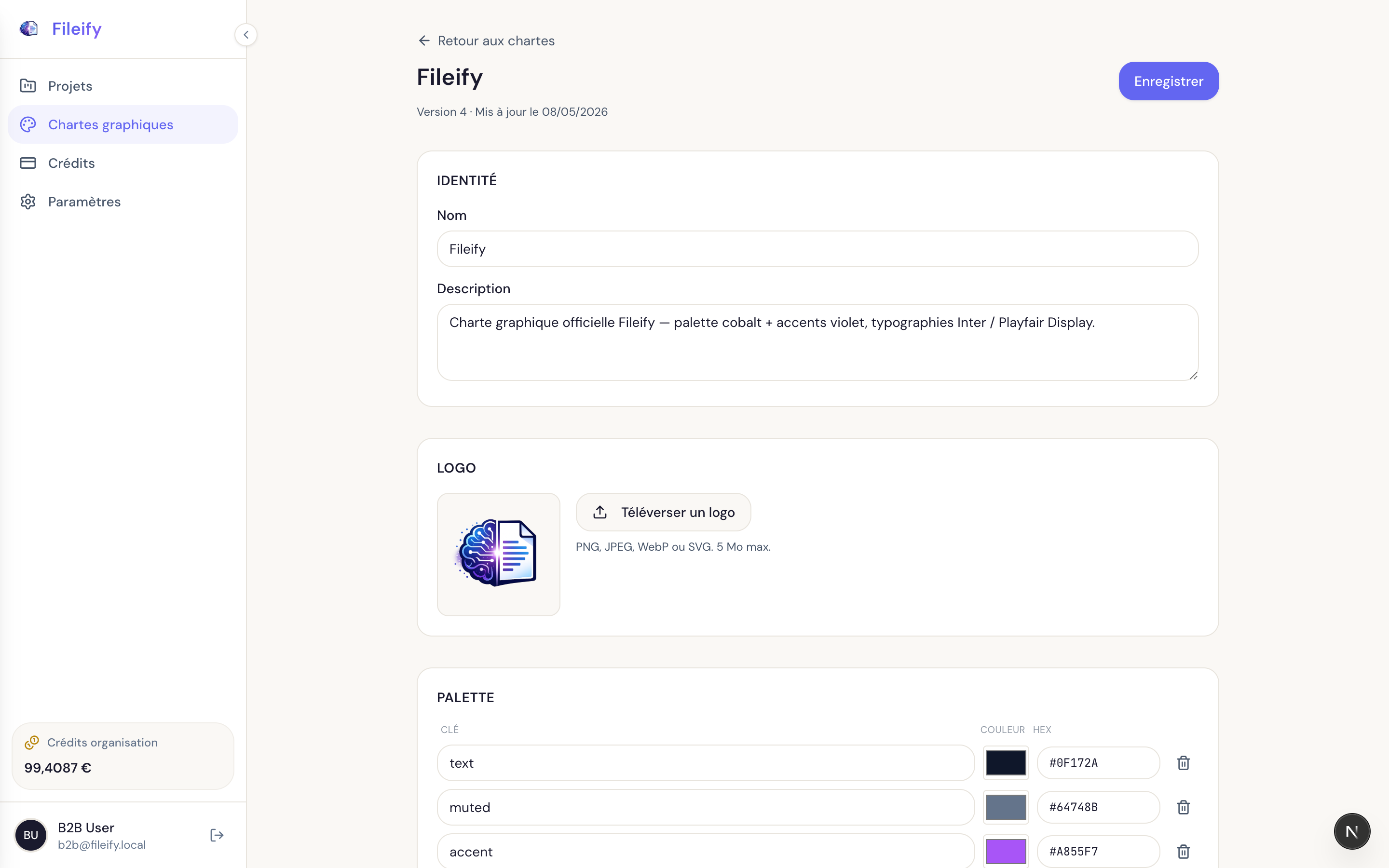 Fiche détaillée de la charte Fileify : champs Identité, Logo et le début de la palette de couleurs avec leurs codes hex