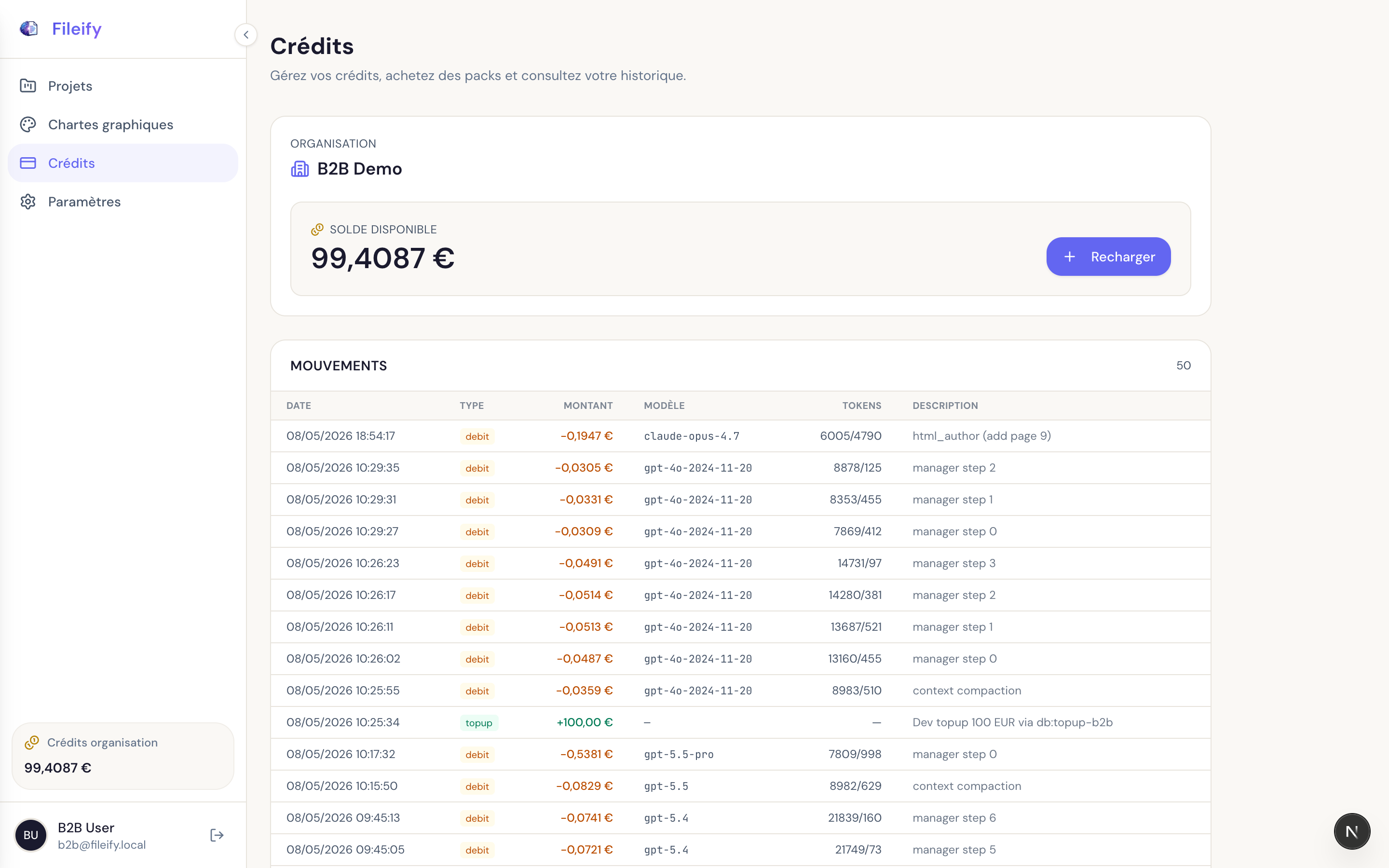 Page Crédits avec le solde de l'organisation B2B Demo, le bouton Recharger et la table des mouvements détaillée