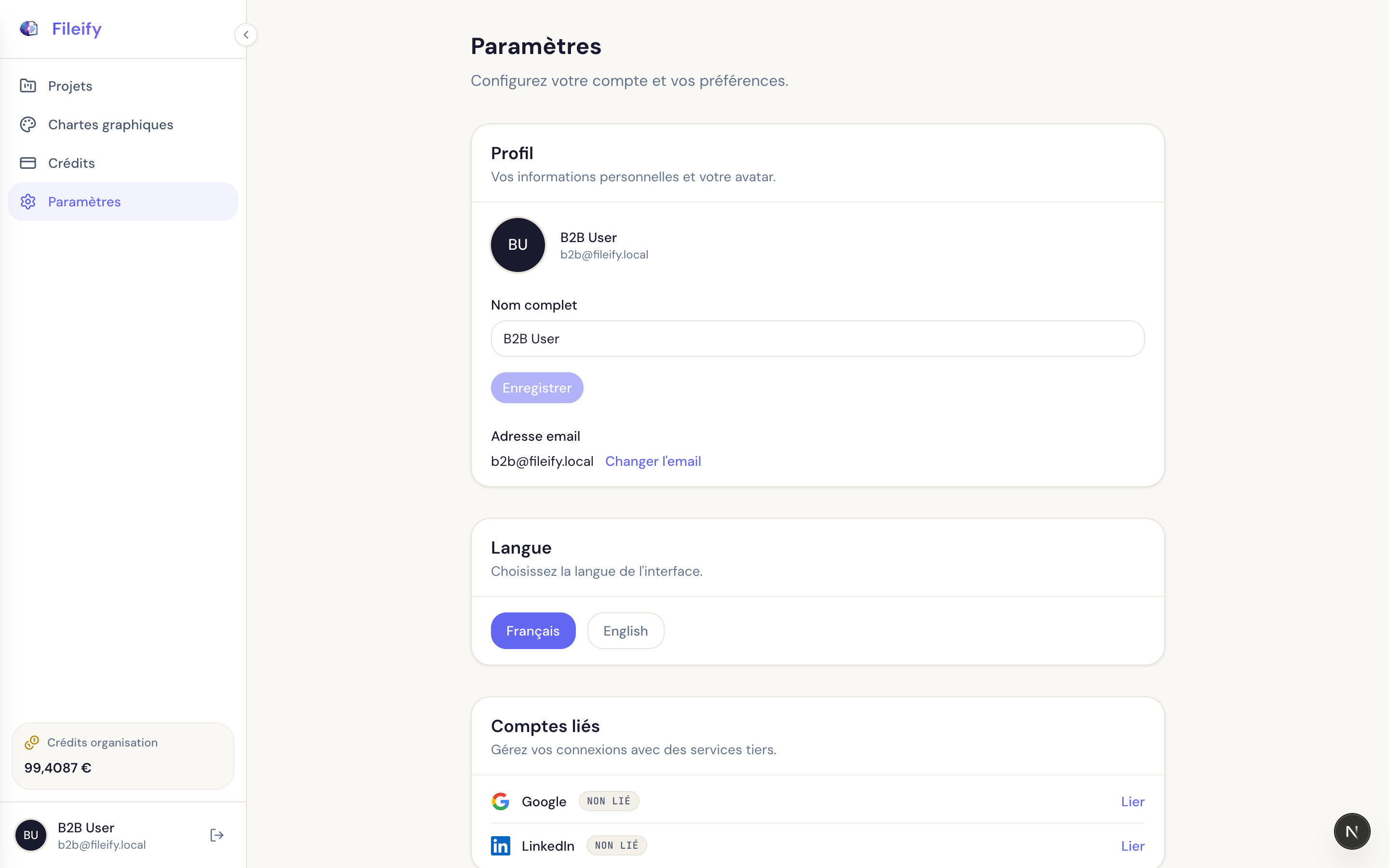 Page Paramètres avec les sections Profil, Langue et Comptes liés