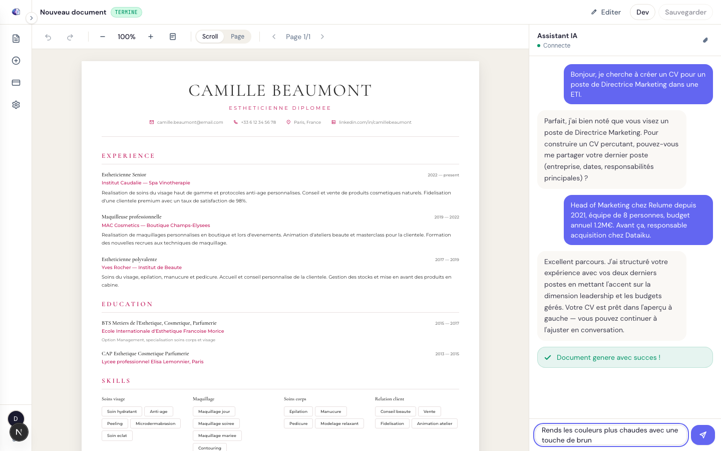 Édition du CV via un message envoyé à l'assistant