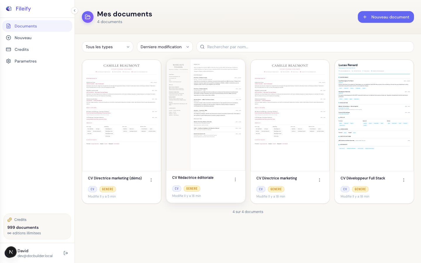 Tableau de bord Fileify avec la liste des documents existants