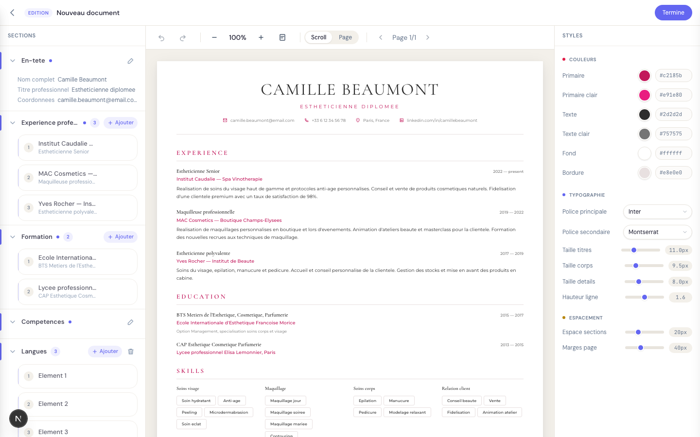 Mode édition plein écran avec les panneaux Sections et Styles