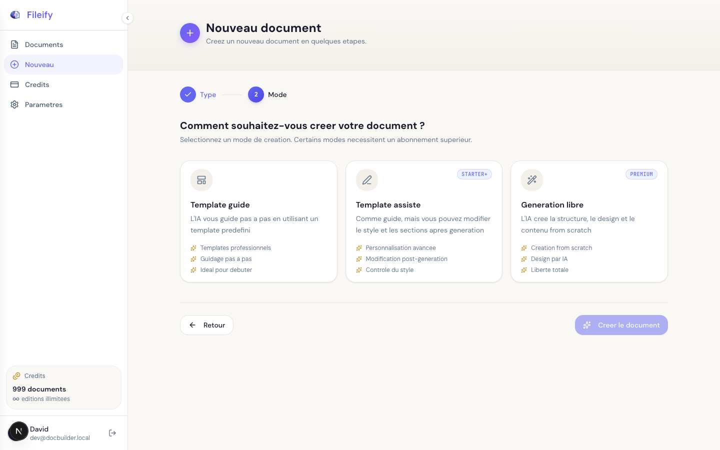 Sélection du mode de création guidé, assisté ou libre