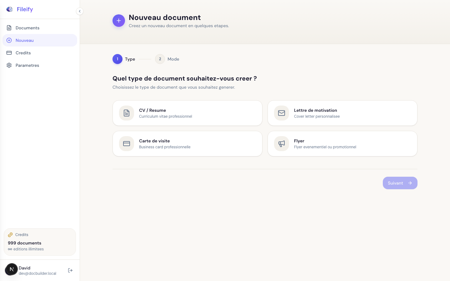 Sélection du type de document dans le wizard Fileify